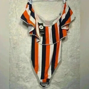Boohoo Maternity Off Shoulder blue orange white stripped Swimsuit Ruffle NWT 4